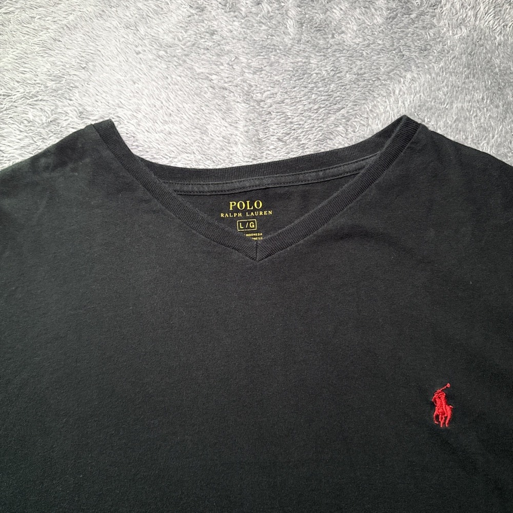 Polo Ralph Lauren Men's Large Short Sleeve V Neck Black Cotton T Shirt Red Pony